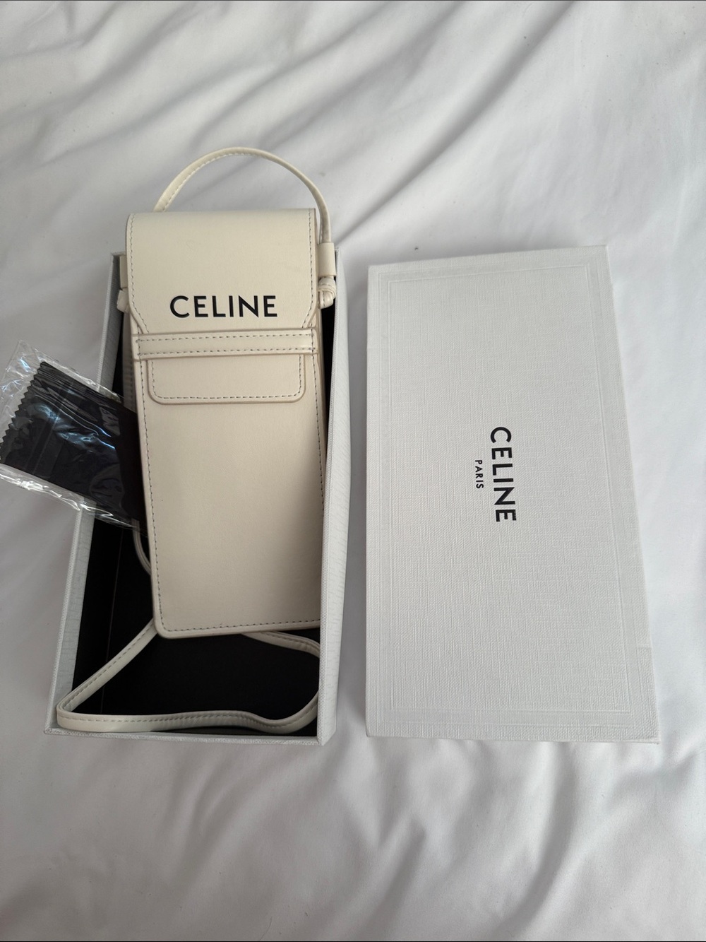Celine Cream Leather Phone Crossbody Pouch with Top Handle